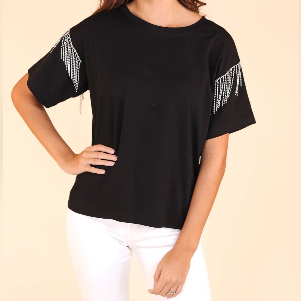 Joie Black Short Sleeve Top with Silver Beaded sleeve Fringe